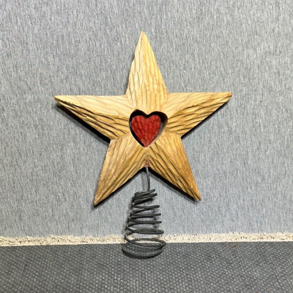 Rustic Hand Carved Wood Star Tree Topper Red Heart Primitive Christmas Decor